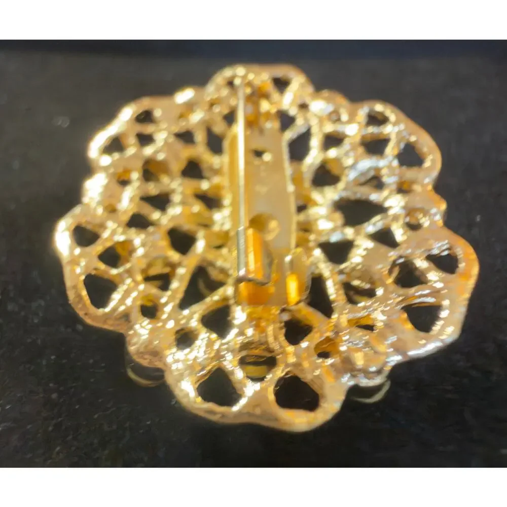 Vintage Gold-Tone Amber & Topaz Rhinestone Filigree Brooch Floral Statement Pin